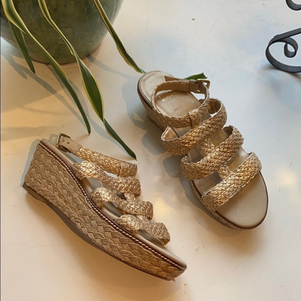 Stuart Weitzman Braided Espadrille Wedge Sandals in Natural Gold